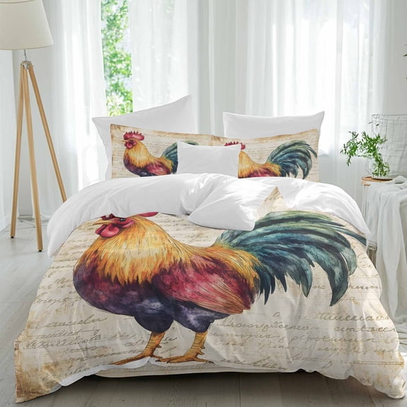 Queen 4 Piece Bedding Set Farmhouse Rooster Retro Letter Soft Breathable Duvet Cover and Pillowcase,Watercolor Animal Duvet Cover Set Washable Bed Sheets for Bedroom Dormitory Guest Room