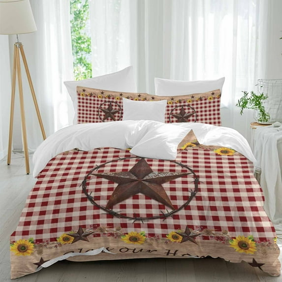 Queen 4 Piece Bedding Set Farmhouse Sunflower Western Star Soft Breathable Duvet Cover and Pillowcase,Vintage Buffalo Check Duvet Cover Set Washable Bed Sheets for Bedroom Dormitory Guest Room