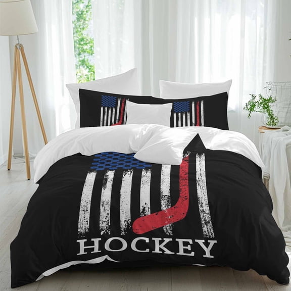 Queen 4 Piece Bedding Set Firefighter American Flag Thin Red Line Soft Breathable Duvet Cover and Pillowcase, Hockey Sport Duvet Cover Set Bed Sheets for Bedroom Dormitory Guest Room
