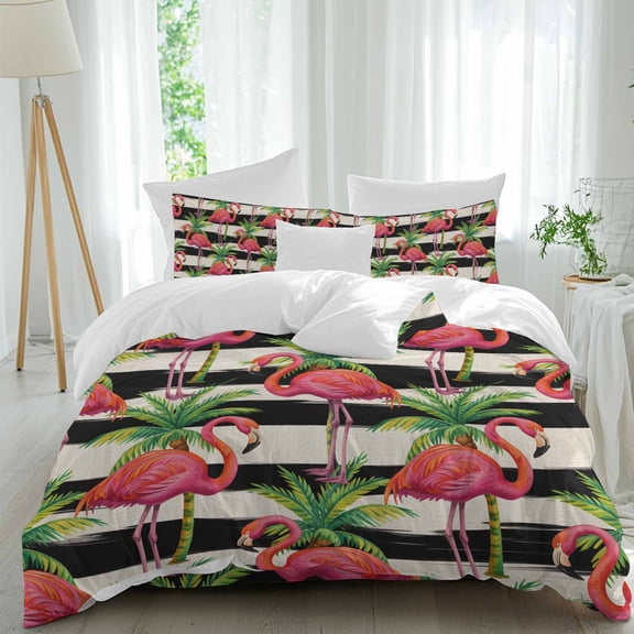 Queen 4 Piece Bedding Set Flamingo Summer Palm Leaves Soft Breathable Duvet Cover and Pillowcase, Abstract Black Stripe Duvet Cover Set Bed Sheets for Bedroom Dormitory Guest Room