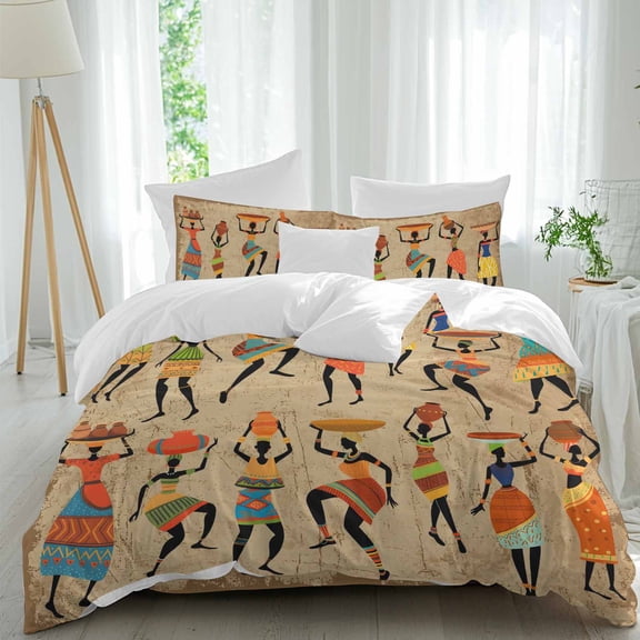 Queen 4 Piece Bedding Set Folk African Women Dancing Soft Breathable Duvet Cover and Pillowcase,Tribal Art on Retro Brown Duvet Cover Set Washable Bed Sheets for Bedroom Dormitory Guest Room