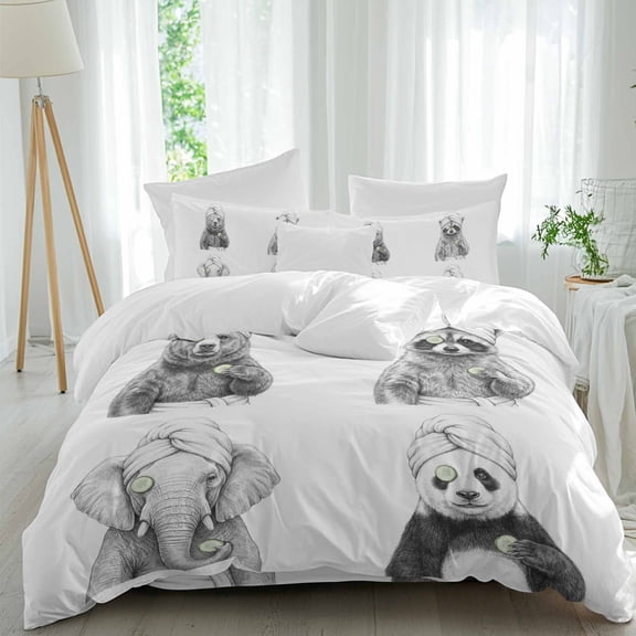 Queen 4 Piece Bedding Set Funny Animal SPA Sketch Art Soft Breathable Duvet Cover and Pillowcase, Bear Panda Elephant Raccoon Duvet Cover Set Bed Sheets for Bedroom Dormitory Guest Room
