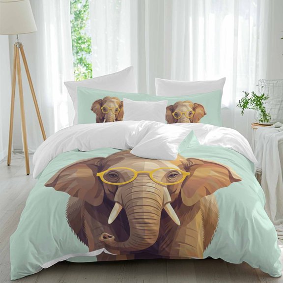 Queen 4 Piece Bedding Set Funny Elephant with Sunglasses Soft Breathable Duvet Cover and Pillowcase, Abstract Animal on Green Duvet Cover Set Bed Sheets for Bedroom Dormitory Guest Room