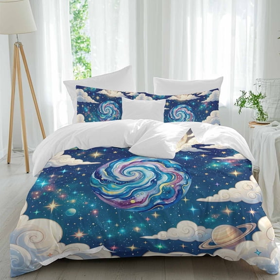 Queen 4 Piece Bedding Set Galaxy Earth Stars Moon Planets Soft Breathable Duvet Cover and Pillowcase, Dream Sky Cloud Duvet Cover Set Bed Sheets for Bedroom Dormitory Guest Room