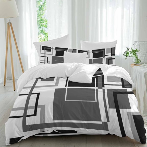 Queen 4 Piece Bedding Set Geometric Grey Black Abstract Art Soft Breathable Duvet Cover and Pillowcase,Modern Line Block Duvet Cover Set Washable Bed Sheets for Bedroom Dormitory Guest Room