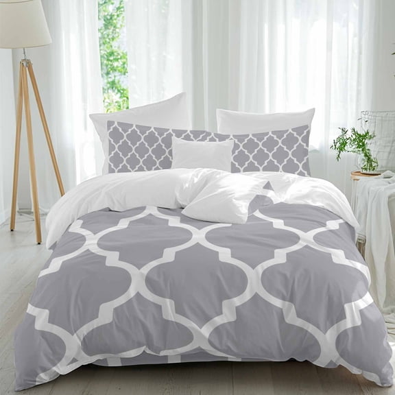 Queen 4 Piece Bedding Set Gray White Moroccan Pattern Soft Breathable Duvet Cover and Pillowcase, Modern Geometric Art Duvet Cover Set Bed Sheets for Bedroom Dormitory Guest Room