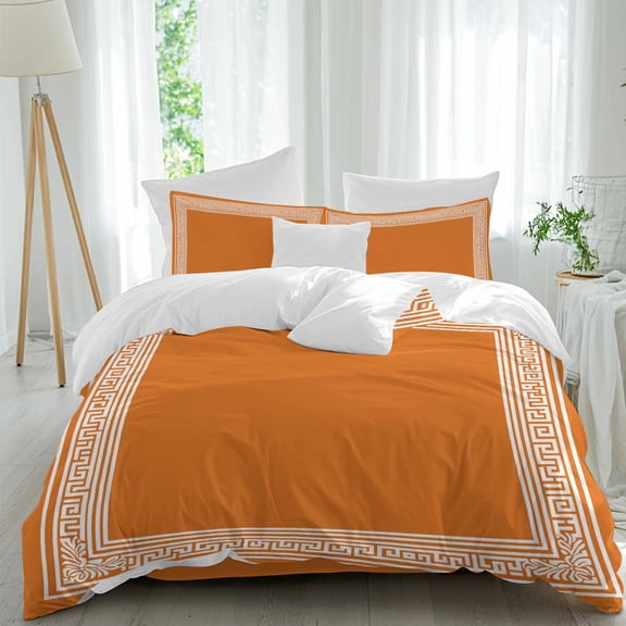 Queen 4 Piece Bedding Set Greece Geometric Key Design Soft Breathable Duvet Cover and Pillowcase,Abstract Stripe Art on Orange Duvet Cover Set Washable Bed Sheets for Bedroom Dormitory Guest Room