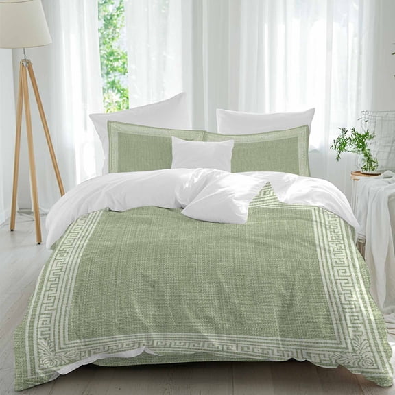 Queen 4 Piece Bedding Set Green Back Pattern Retro Linen Soft Breathable Duvet Cover and Pillowcase,Vintage Back Pattern Duvet Cover Set Washable Bed Sheets for Bedroom Dormitory Guest Room