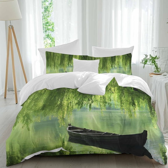 Queen 4 Piece Bedding Set Green Leaves Boat Lake Soft Breathable Duvet Cover and Pillowcase,Zan Natural Scenery Duvet Cover Set Washable Bed Sheets for Bedroom Dormitory Guest Room
