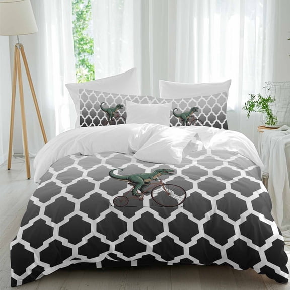 Queen 4 Piece Bedding Set Green Tyrannosaurus Bicycle Soft Breathable Duvet Cover and Pillowcase,Abstract Geometric Pattern Duvet Cover Set Washable Bed Sheets for Bedroom Dormitory Guest Room