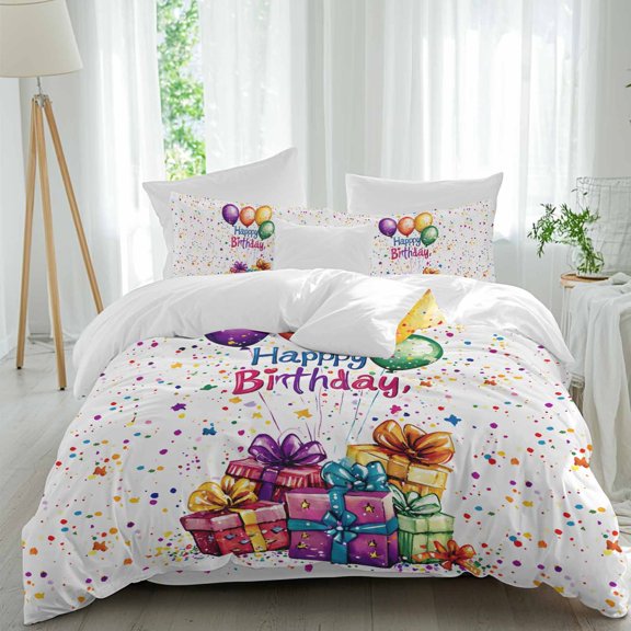 Queen 4 Piece Bedding Set Happy Birthday Celebration Party Soft Breathable Duvet Cover and Pillowcase, Colorful Present Balloon Duvet Cover Set Bed Sheets for Bedroom Dormitory Guest Room