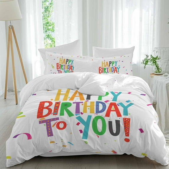 Queen 4 Piece Bedding Set Happy Birthday to You Words Soft Breathable Duvet Cover and Pillowcase,Colorful Celebration Ribbon Duvet Cover Set Washable Bed Sheets for Bedroom Dormitory Guest Room
