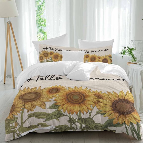 Queen 4 Piece Bedding Set Hello Summer Blossom Sunflower Soft Breathable Duvet Cover and Pillowcase, Retro Floral Green Leaves on Linen Duvet Cover Set Bed Sheets for Bedroom Dormitory Guest Room