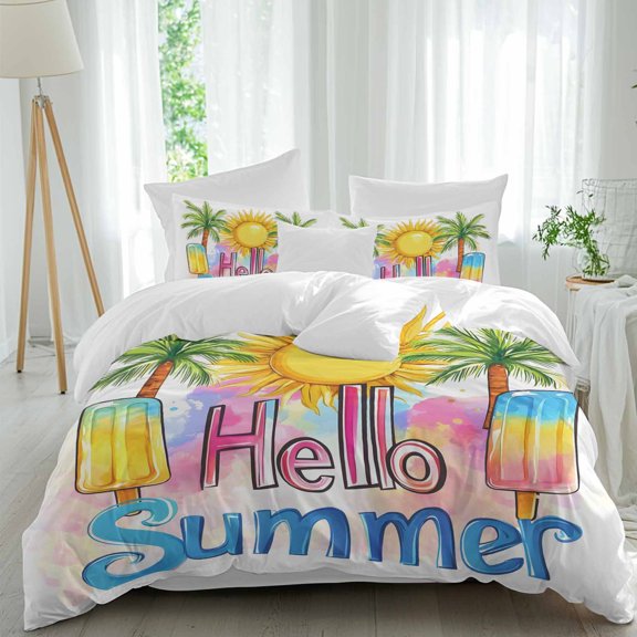 Queen 4 Piece Bedding Set Hello Summer Text Sun Palm Tree Soft Breathable Duvet Cover and Pillowcase, Colorful Ocean Seaside Theme Duvet Cover Set Bed Sheets for Bedroom Dormitory Guest Room
