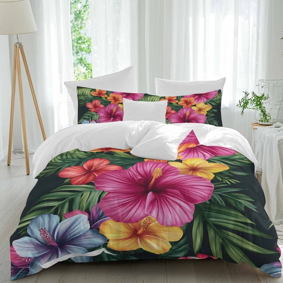 Queen 4 Piece Bedding Set Hibiscus Flower Pink Floral Soft Breathable Duvet Cover and Pillowcase,Country Watercolor Green Leaves Duvet Cover Set Washable Bed Sheets for Bedroom Dormitory Guest Room