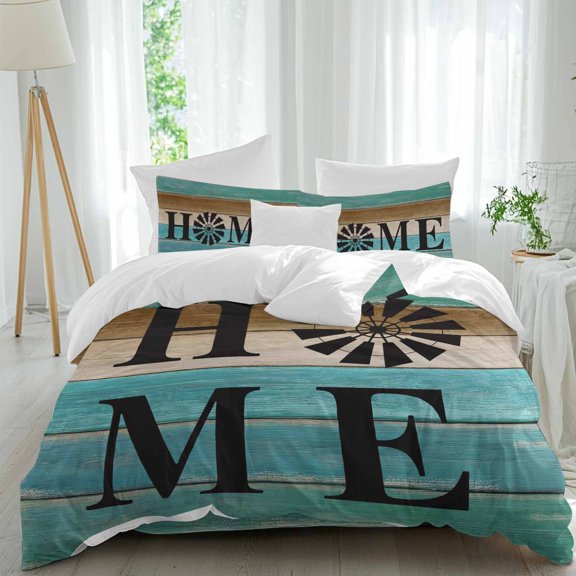 Queen 4 Piece Bedding Set Home Farm Retro Wood Board Soft Breathable Duvet Cover and Pillowcase,Teal Gradient Wooden Duvet Cover Set Washable Bed Sheets for Bedroom Dormitory Guest Room