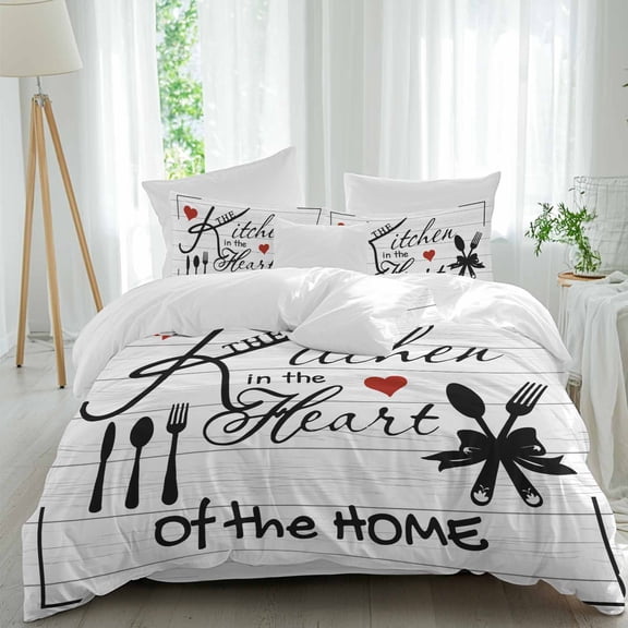 Queen 4 Piece Bedding Set Kitchen in The Home Words Soft Breathable Duvet Cover and Pillowcase,Red Heart Tableware Duvet Cover Set Washable Bed Sheets for Bedroom Dormitory Guest Room
