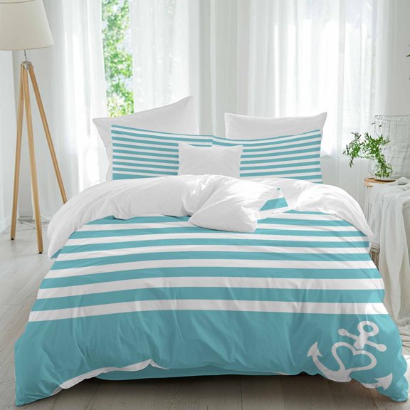 Queen 4 Piece Bedding Set Love Nautical Anchor on Blue Soft Breathable Duvet Cover and Pillowcase,Classic Horizontal Stripes Duvet Cover Set Washable Bed Sheets for Bedroom Dormitory Guest Room