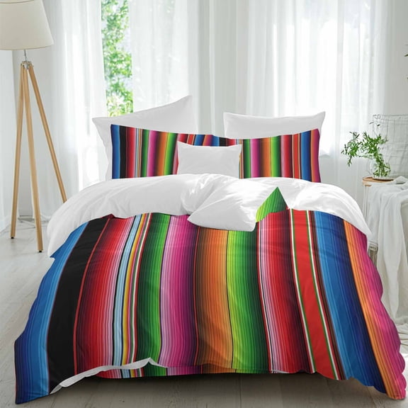 Queen 4 Piece Bedding Set Mexico Art Colorful Stripes Soft Breathable Duvet Cover and Pillowcase, Color Gradient Lines Duvet Cover Set Bed Sheets for Bedroom Dormitory Guest Room