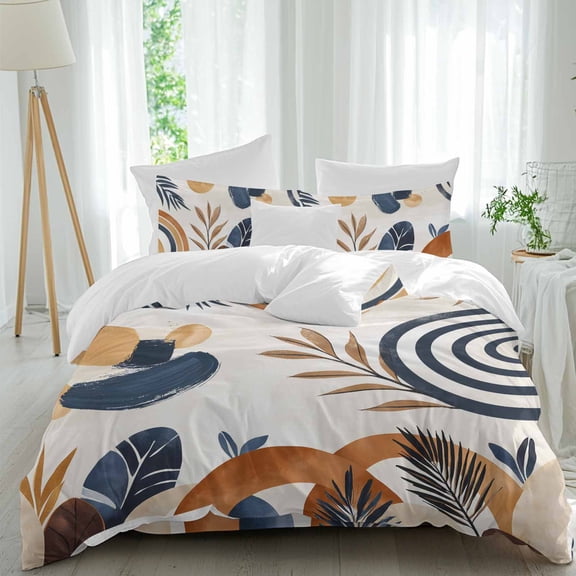 Queen 4 Piece Bedding Set Mid Century Abstract Geometric Soft Breathable Duvet Cover and Pillowcase,Boho Leaves Nordic Arch Sun Duvet Cover Set Washable Bed Sheets for Bedroom Dormitory Guest Room