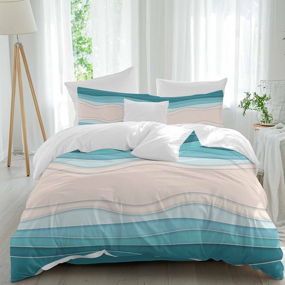 Queen 4 Piece Bedding Set Modern Blue Beige Stripe Soft Breathable Duvet Cover and Pillowcase,Abstract Gradient Ocean Waves Duvet Cover Set Washable Bed Sheets for Bedroom Dormitory Guest Room