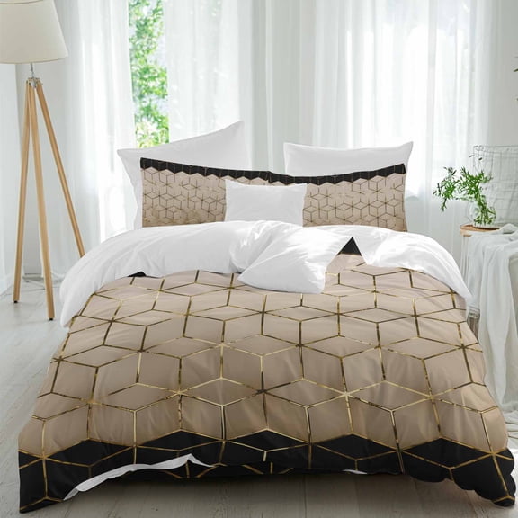 Queen 4 Piece Bedding Set Modern Brown Black Geometric Texture Soft Breathable Duvet Cover and Pillowcase,Abstract Gold Line Duvet Cover Set Washable Bed Sheets for Bedroom Dormitory Guest Room