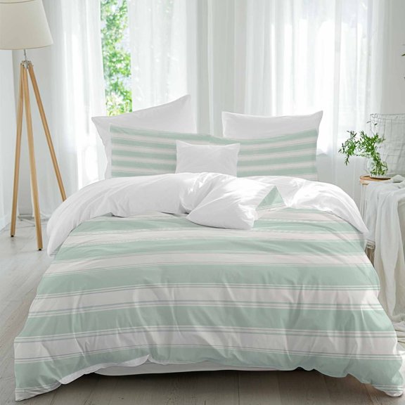 Queen 4 Piece Bedding Set Modern Minimalist Light Green Soft Breathable Duvet Cover and Pillowcase,Geometric Stripe on Beige Duvet Cover Set Washable Bed Sheets for Bedroom Dormitory Guest Room