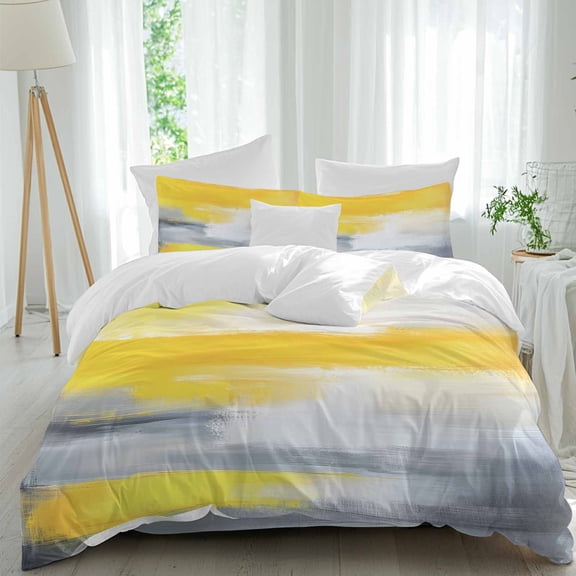 Queen 4 Piece Bedding Set Modern Minimalist Yellow Gray Soft Breathable Duvet Cover and Pillowcase,Abstract Blurry Color Block Duvet Cover Set Washable Bed Sheets for Bedroom Dormitory Guest Room