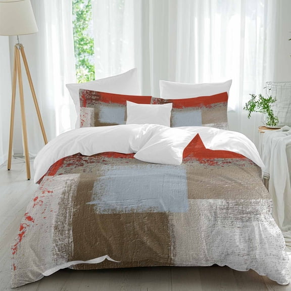 Queen 4 Piece Bedding Set Modern Red Blue Brown Graffiti Soft Breathable Duvet Cover and Pillowcase,Rustic Mottled Brush Texture Duvet Cover Set Washable Bed Sheets for Bedroom Dormitory Guest Room