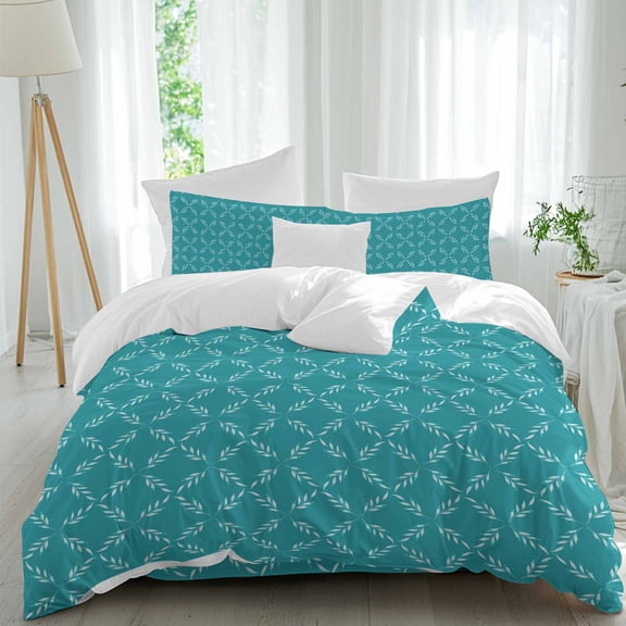 Queen 4 Piece Bedding Set Modern Teal Morocco Style Soft Breathable Duvet Cover and Pillowcase, Geometric Leaf Diamond Plaid Duvet Cover Set Bed Sheets for Bedroom Dormitory Guest Room