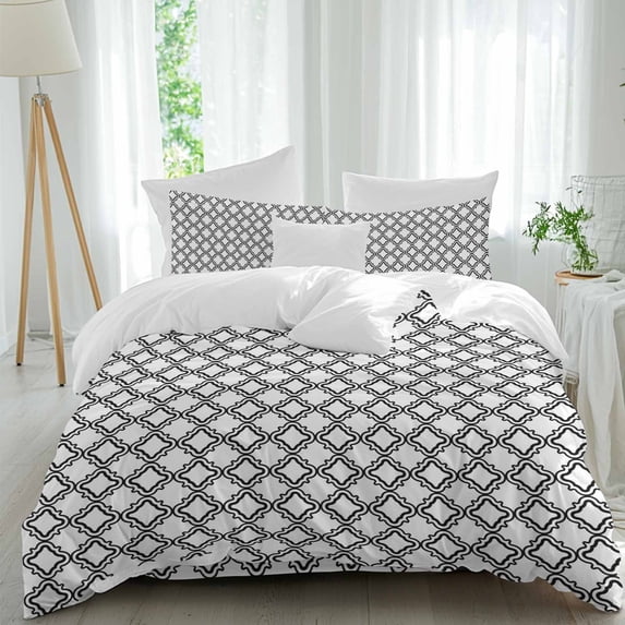 Queen 4 Piece Bedding Set Moroccan Black White Classic Lattice Soft Breathable Duvet Cover and Pillowcase, Abstract Plaid Texture Duvet Cover Set Bed Sheets for Bedroom Dormitory Guest Room