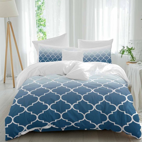 Queen 4 Piece Bedding Set Moroccan Blue Lattice Soft Breathable Duvet Cover and Pillowcase, White Gradient Geometric Art Duvet Cover Set Bed Sheets for Bedroom Dormitory Guest Room