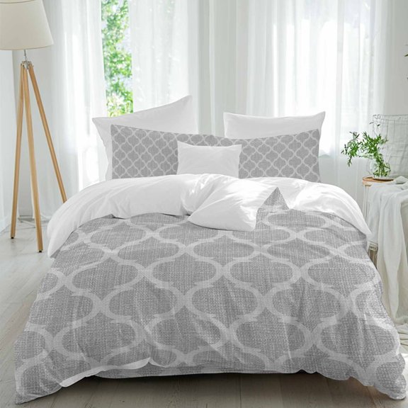 Queen 4 Piece Bedding Set Moroccan Geometric Pattern Soft Breathable Duvet Cover and Pillowcase, Country Vintage Linen Texture Duvet Cover Set Bed Sheets for Bedroom Dormitory Guest Room