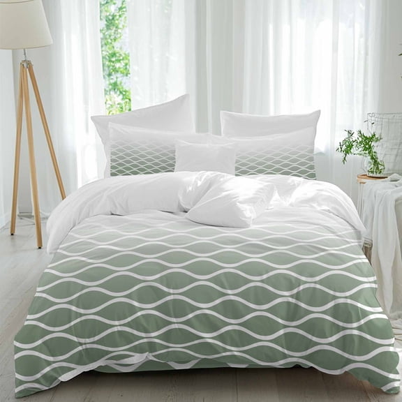Queen 4 Piece Bedding Set Morocco Art White Wave Stripe Soft Breathable Duvet Cover and Pillowcase, Sage Green Color Ombre Duvet Cover Set Bed Sheets for Bedroom Dormitory Guest Room