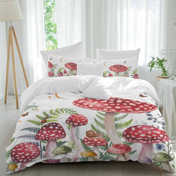 Queen 4 Piece Bedding Set Mushroom Butterfly Ladybug Soft Breathable Duvet Cover and Pillowcase, Watercolor Plant Duvet Cover Set Bed Sheets for Bedroom Dormitory Guest Room