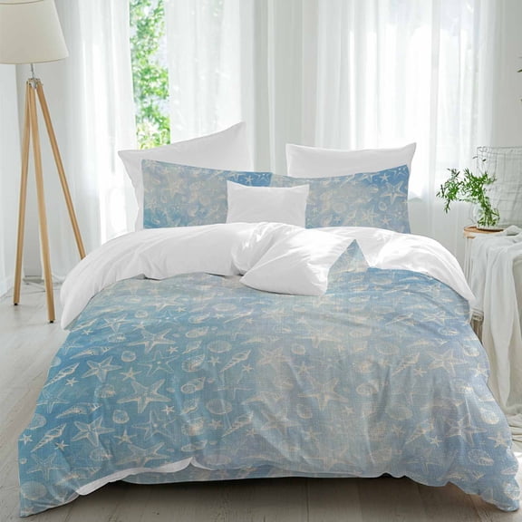 Queen 4 Piece Bedding Set Nautical Abstract Starfish Conch Soft Breathable Duvet Cover and Pillowcase,Gradient Blue Ocean Duvet Cover Set Washable Bed Sheets for Bedroom Dormitory Guest Room