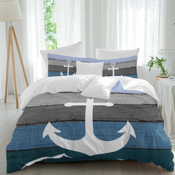 Queen 4 Piece Bedding Set Nautical Anchor Ocean Theme Soft Breathable Duvet Cover and Pillowcase,Farm Blue Wood Board Duvet Cover Set Washable Bed Sheets for Bedroom Dormitory Guest Room