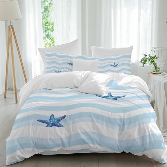 Queen 4 Piece Bedding Set Nautical Blue Ocean Wave Soft Breathable Duvet Cover and Pillowcase,Marine Theme Starfish Duvet Cover Set Washable Bed Sheets for Bedroom Dormitory Guest Room