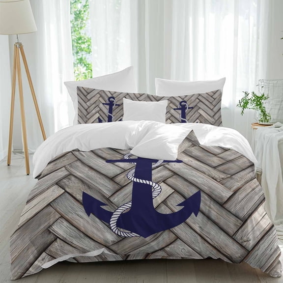 Queen 4 Piece Bedding Set Nautical Dark Blue Navy Anchor Soft Breathable Duvet Cover and Pillowcase,Retro Wooden Board Duvet Cover Set Washable Bed Sheets for Bedroom Dormitory Guest Room