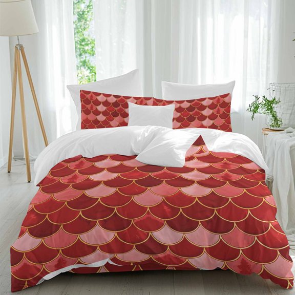 Queen 4 Piece Bedding Set Nautical Ocean Fish Scale Soft Breathable Duvet Cover and Pillowcase,Modern Red Gradient Pattern Duvet Cover Set Washable Bed Sheets for Bedroom Dormitory Guest Room