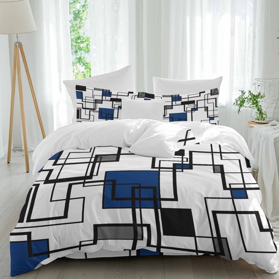 Queen 4 Piece Bedding Set Navy Blue Color Block Soft Breathable Duvet Cover and Pillowcase,Abstract Stripes Black Line Duvet Cover Set Washable Bed Sheets for Bedroom Dormitory Guest Room