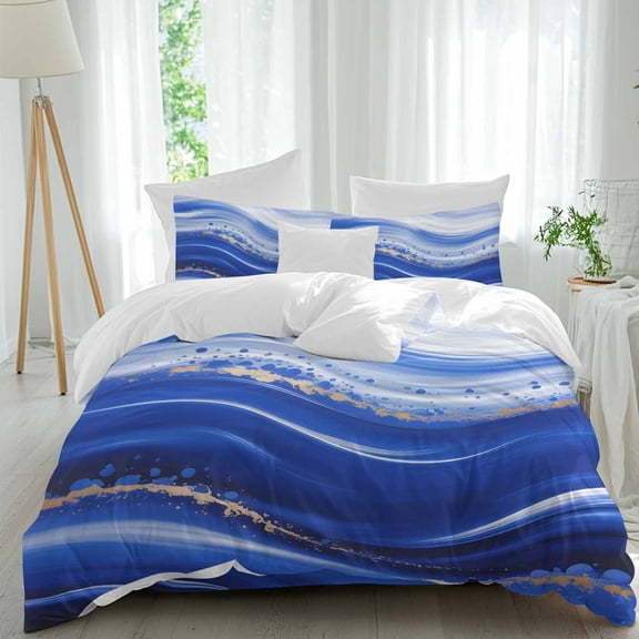 Queen 4 Piece Bedding Set Navy Blue Gradient Stripe Soft Breathable Duvet Cover and Pillowcase,Watercolor Oil Painting Art Duvet Cover Set Washable Bed Sheets for Bedroom Dormitory Guest Room