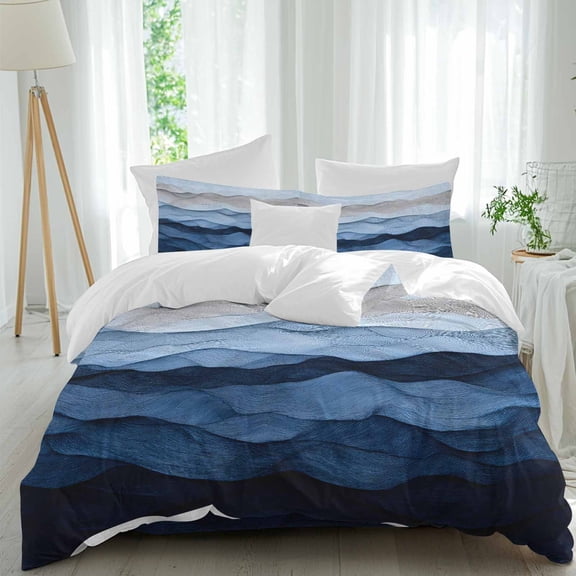 Queen 4 Piece Bedding Set Navy Blue Gradient Water Ripple Soft Breathable Duvet Cover and Pillowcase,Ocean Nautical Abstract Geometric Duvet Cover Set Bed Sheets for Bedroom Dormitory Guest Room