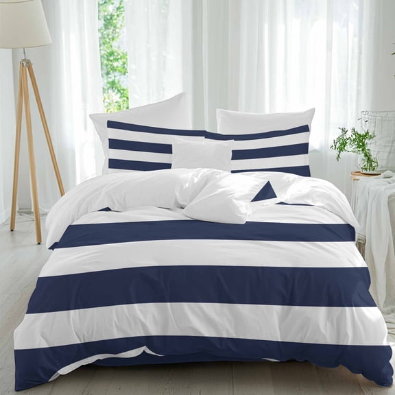 Queen 4 Piece Bedding Set Navy Blue Stripe Summer Nautical Theme Soft Breathable Duvet Cover and Pillowcase,White Geometric Lines Duvet Cover Set Washable Bed Sheets for Bedroom Dormitory Guest Room