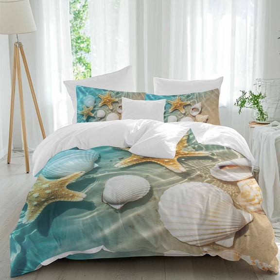 Queen 4 Piece Bedding Set Ocean Beach Seashell Starfish Soft Breathable Duvet Cover and Pillowcase,Sea Water Waves Duvet Cover Set Washable Bed Sheets for Bedroom Dormitory Guest Room