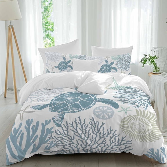 Queen 4 Piece Bedding Set Ocean Blue Sea Turtle Starfish Coral Soft Breathable Duvet Cover and Pillowcase,Marine Life Duvet Cover Set Washable Bed Sheets for Bedroom Dormitory Guest Room