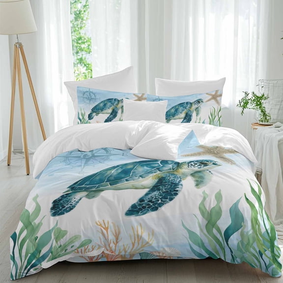 Queen 4 Piece Bedding Set Ocean Marine Life Turtle Nautical Compass Soft Breathable Duvet Cover and Pillowcase,Blue Duvet Cover Set Washable Bed Sheets for Bedroom Dormitory Guest Room