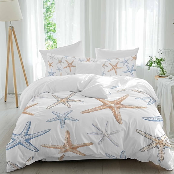 Queen 4 Piece Bedding Set Ocean Nautical Starfish Soft Breathable Duvet Cover and Pillowcase,Watercolor Marine Life Duvet Cover Set Washable Bed Sheets for Bedroom Dormitory Guest Room