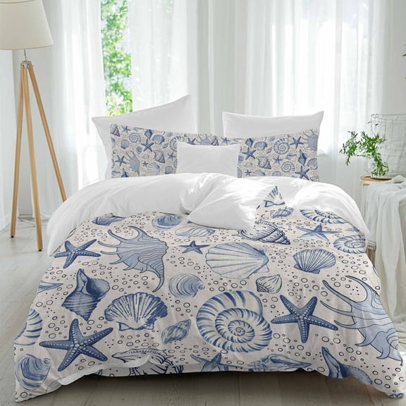 Queen 4 Piece Bedding Set Ocean Navy Blue Starfish Conch Seamless Soft Breathable Duvet Cover and Pillowcase, Marine Life Retro Linen Duvet Cover Set Bed Sheets for Bedroom Dormitory Guest Room