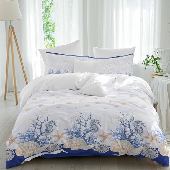 Queen 4 Piece Bedding Set Ocean Shells Starfish Blue Coral Soft Breathable Duvet Cover and Pillowcase,Navy Blue Duvet Cover Set Washable Bed Sheets for Bedroom Dormitory Guest Room